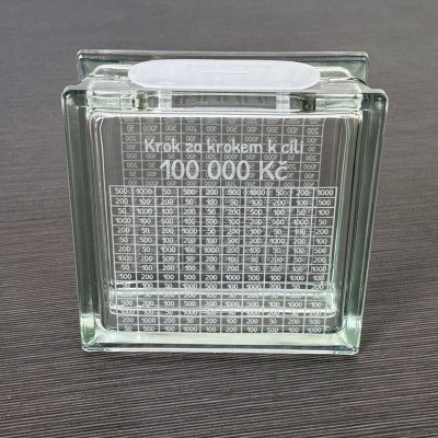 Škrtací skleněná luxfera pokladnička "NA DOVOLENOU 100 000,-"
