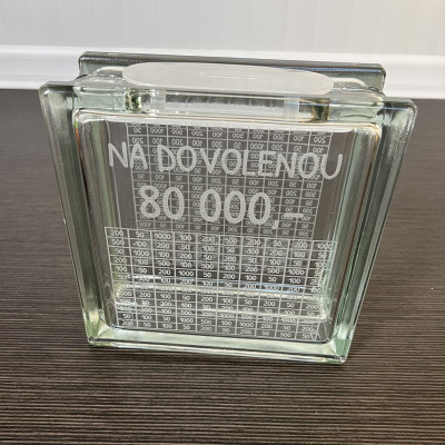 Škrtací skleněná pokladnička "NA DOVOLENOU 80 000,-"
