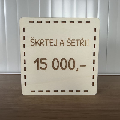 Šetřící pokladnička "Škrtej a šetři 15 000,-"